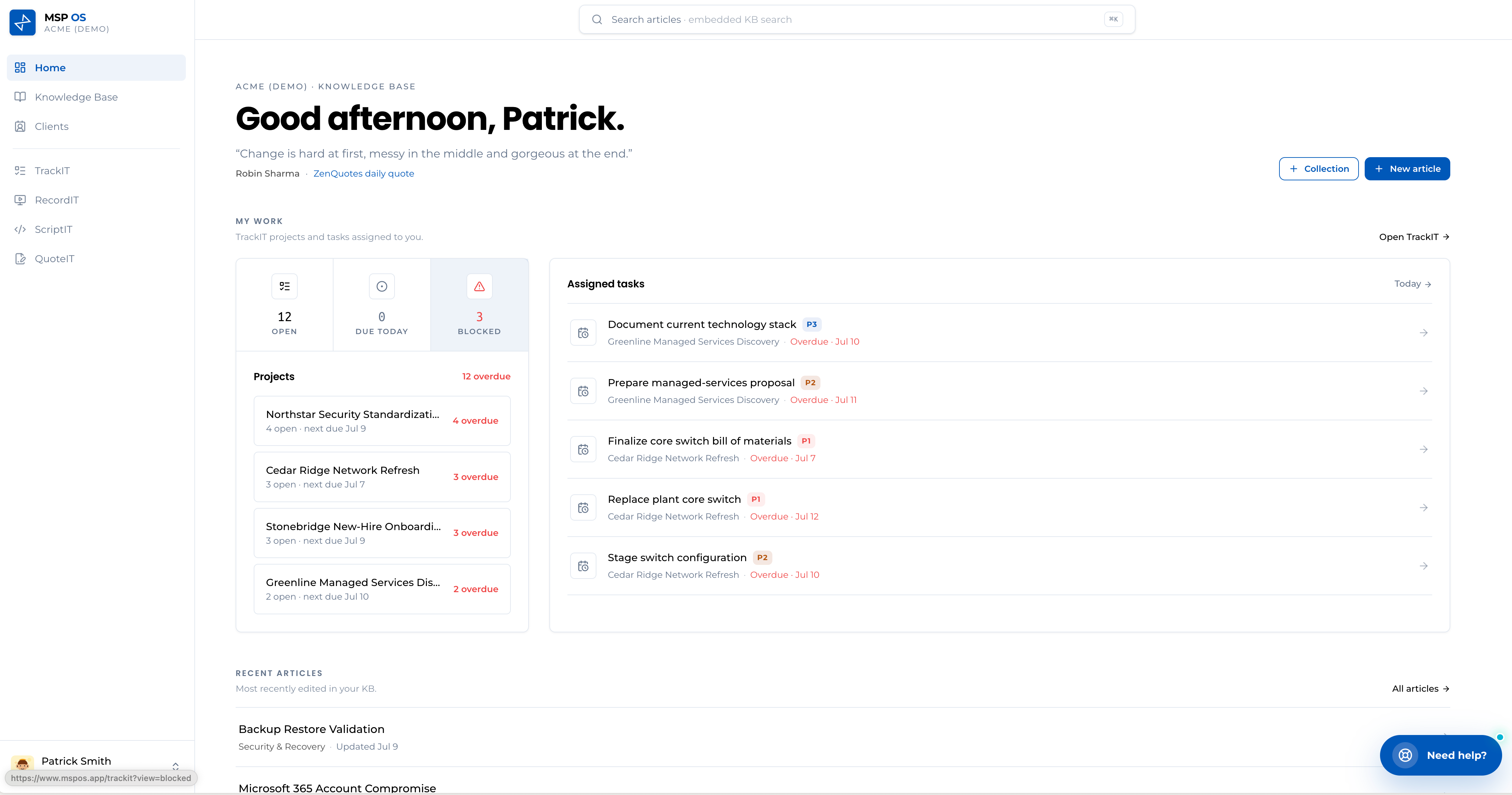 MSP OS dashboard showing a searchable knowledge base, active projects, assigned tasks, recent articles, and integrated service tools